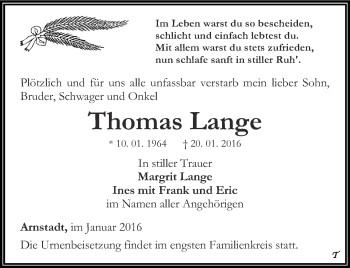 Traueranzeige von Thomas Lange von Thüringer Allgemeine