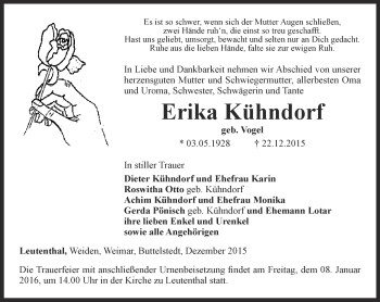 Traueranzeige von Erika Kühndorf von Thüringer Allgemeine, Thüringische Landeszeitung