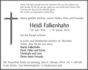 Traueranzeige von Heidi Falkenhahn von Thüringer Allgemeine, Thüringische Landeszeitung