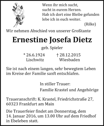 Traueranzeige von Ernestine Josefa Dietz von Thüringer Allgemeine