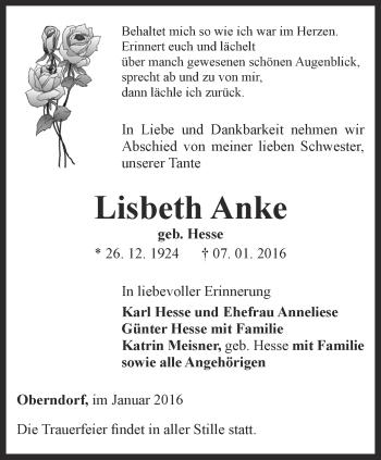 Traueranzeige von Lisbeth Anke von Ostthüringer Zeitung