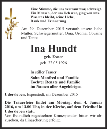 Traueranzeige von Ina Hundt von Thüringer Allgemeine