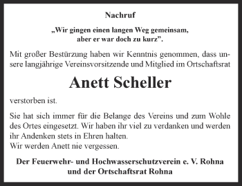 Traueranzeige von Anett Scheller von Ostthüringer Zeitung