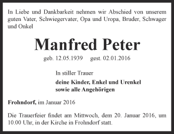 Traueranzeige von Manfred Peter von Thüringer Allgemeine