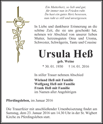 Traueranzeige von Ursula Heß von Ostthüringer Zeitung, Thüringische Landeszeitung