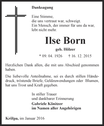 Traueranzeige von Ilse Born von Ostthüringer Zeitung