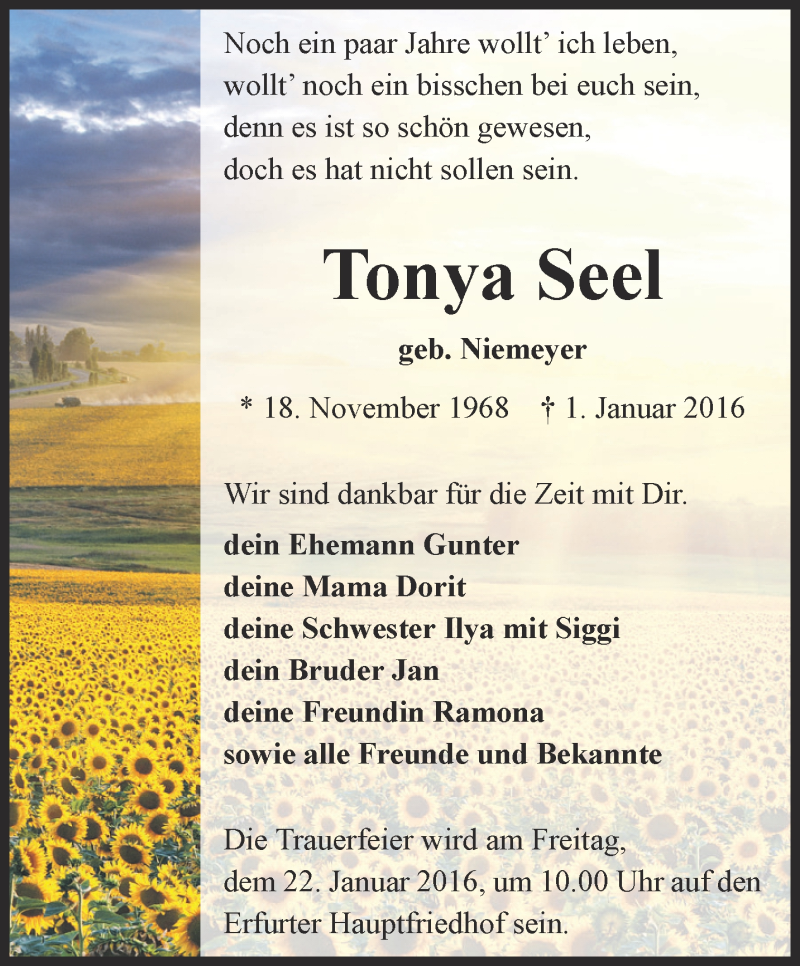  Traueranzeige für Tonya Seel vom 09.01.2016 aus Thüringer Allgemeine, Thüringische Landeszeitung