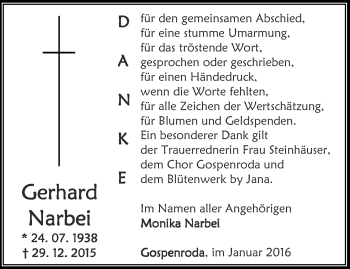 Traueranzeige von Gerhard Narbei von Thüringer Allgemeine, Thüringische Landeszeitung