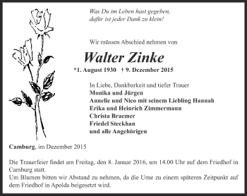 Traueranzeige von Walter Zinke von Ostthüringer Zeitung, Thüringische Landeszeitung