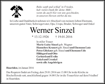 Traueranzeige von Werner Sinzel von Thüringer Allgemeine