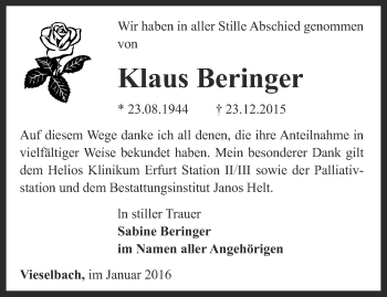 Traueranzeige von Klaus Beringer von Thüringer Allgemeine, Thüringische Landeszeitung