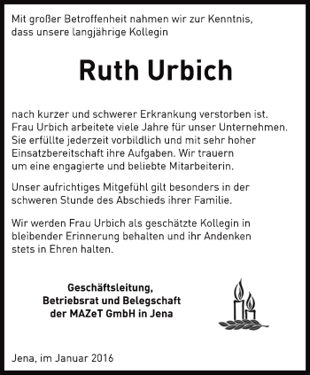 Traueranzeige von Ruth Urbich von Ostthüringer Zeitung, Thüringische Landeszeitung