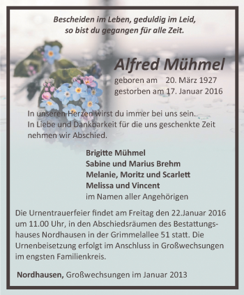 Traueranzeige von Alfred Mühmel von Thüringer Allgemeine
