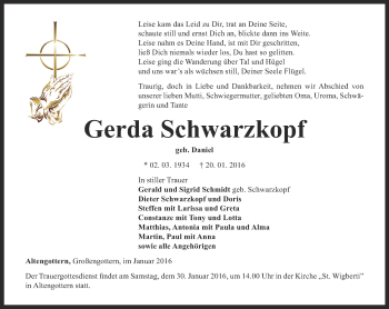 Traueranzeige von Gerda Schwarzkopf von Thüringer Allgemeine, Thüringische Landeszeitung