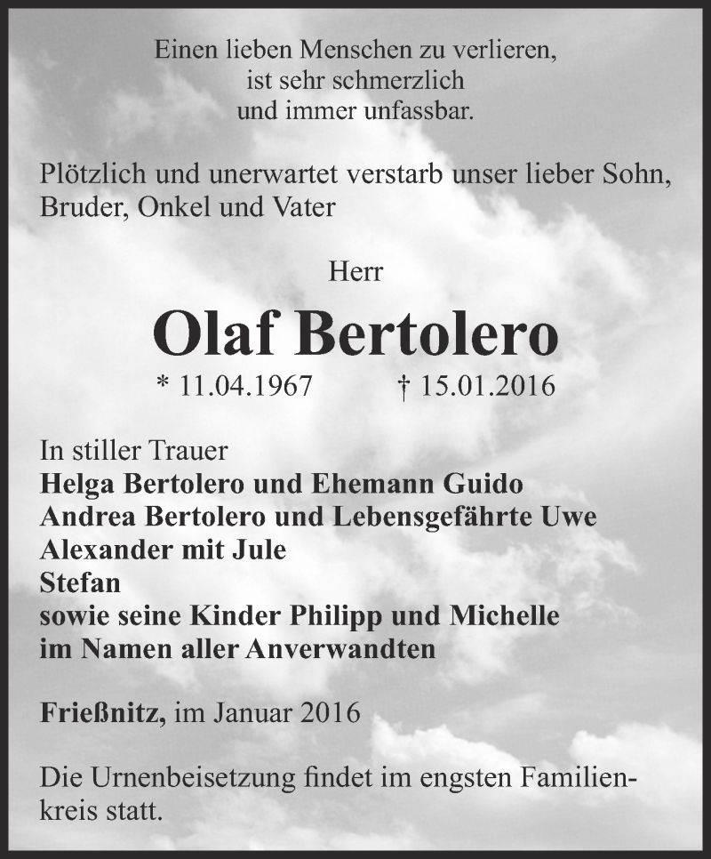  Traueranzeige für Olaf Bertolero vom 23.01.2016 aus Ostthüringer Zeitung