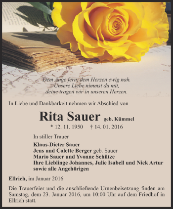 Traueranzeige von Rita Sauer von Thüringer Allgemeine