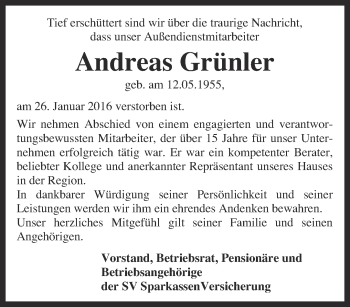 Traueranzeige von Andreas Grünler von Thüringer Allgemeine, Thüringische Landeszeitung