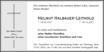 Traueranzeige von Helmut Halbauer-Leithold von Ostthüringer Zeitung