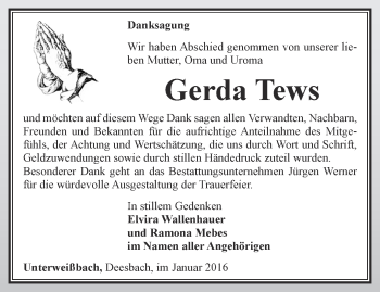 Traueranzeige von Gerda Tews von Ostthüringer Zeitung