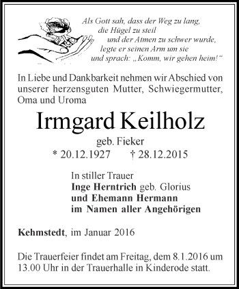 Traueranzeige von Irmgard Keilholz von Thüringer Allgemeine