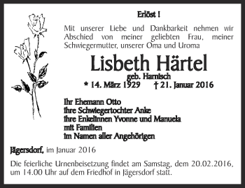 Traueranzeige von Lisbeth Härtel von Ostthüringer Zeitung, Thüringische Landeszeitung