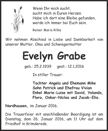 Traueranzeige von Evelyn Grabe von Thüringer Allgemeine