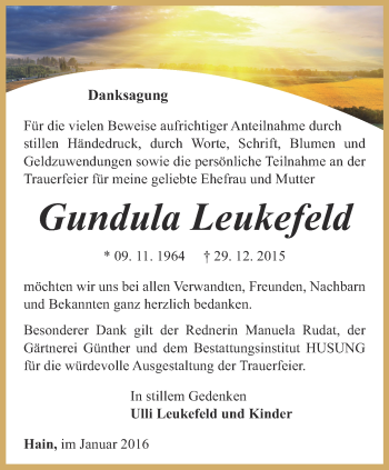 Traueranzeige von Gundula Leukefeld von Thüringer Allgemeine