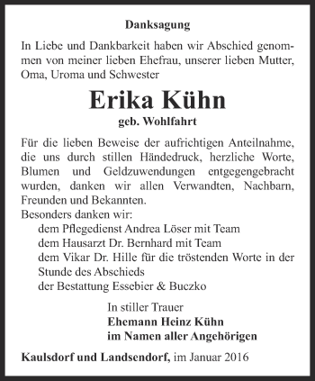 Traueranzeige von Erika Kühn von Ostthüringer Zeitung