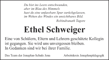 Traueranzeige von Ethel Schweiger von Ostthüringer Zeitung, Thüringische Landeszeitung