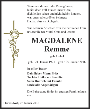 Traueranzeige von Magdalene Remme von Ostthüringer Zeitung