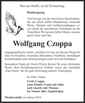 Traueranzeige von Wolfgang Czoppa von Ostthüringer Zeitung, Thüringische Landeszeitung