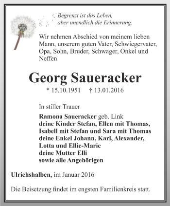 Traueranzeige von Georg Saueracker von Thüringer Allgemeine, Thüringische Landeszeitung