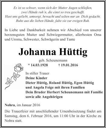 Traueranzeige von Johanna Hüttig von Thüringer Allgemeine, Thüringische Landeszeitung