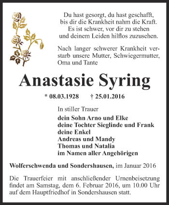 Traueranzeige von Anastasie Syring von Thüringer Allgemeine