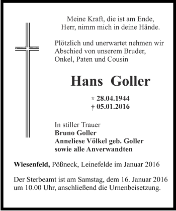 Traueranzeige von Hans Goller von Thüringer Allgemeine