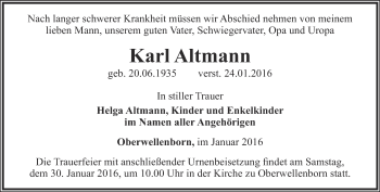 Traueranzeige von Karl Altmann von Ostthüringer Zeitung