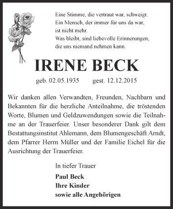 Traueranzeige von Irene Beck von Thüringer Allgemeine, Thüringische Landeszeitung