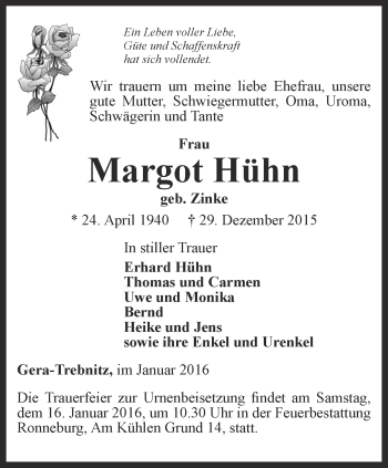 Traueranzeige von Margot Hühn