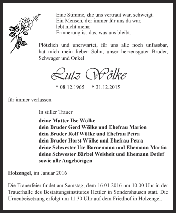 Traueranzeige von Lutz Wölke von Thüringer Allgemeine