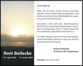 Traueranzeige von Roni Beilecke von Thüringer Allgemeine