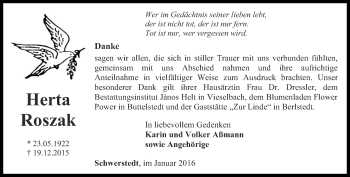 Traueranzeige von Herta Roszak von Thüringer Allgemeine, Thüringische Landeszeitung