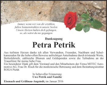Traueranzeige von Petra Petrik von Thüringer Allgemeine