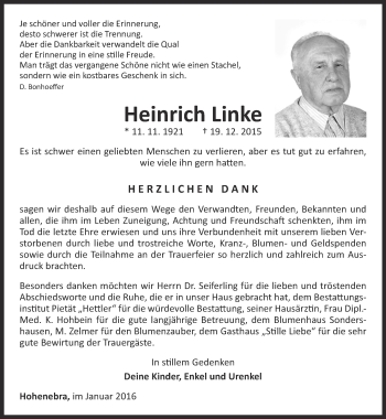 Traueranzeige von Heinrich Linke von Thüringer Allgemeine