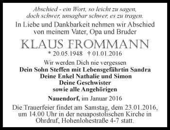 Traueranzeige von Klaus Frommann von Ostthüringer Zeitung, Thüringische Landeszeitung