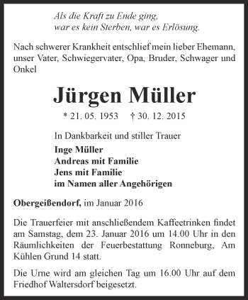 Traueranzeige von Jürgen Müller von Ostthüringer Zeitung