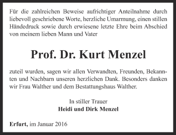 Traueranzeige von Kurt Menzel von Thüringer Allgemeine, Thüringische Landeszeitung