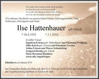 Traueranzeige von Ilse Hattenhauer von Thüringer Allgemeine