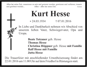 Traueranzeige von Kurt Hesse von Thüringer Allgemeine