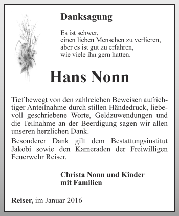 Traueranzeige von Hans Nonn von Thüringer Allgemeine, Thüringische Landeszeitung