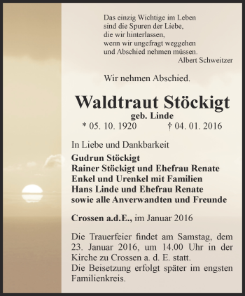 Traueranzeige von Waldtraut Stöckigt von Ostthüringer Zeitung